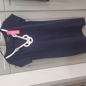 woman's navy blue tshirt dress with embroidery at v neck